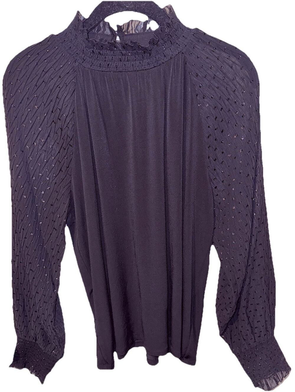 Ann Taylor Black Blouse WSheer Sleeve Metallic Dot Size Medium NWT Holiday Ready